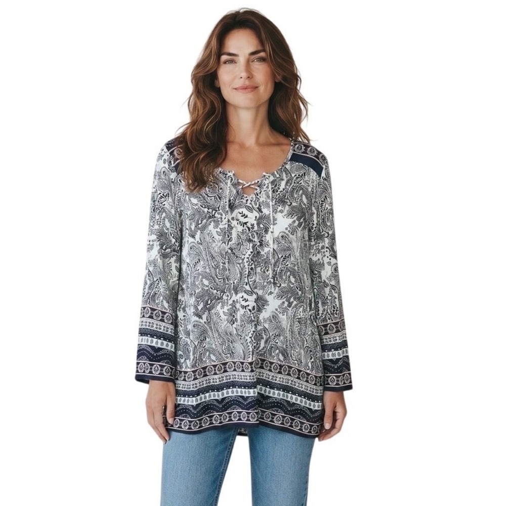 Altard State Paisley Print Crisscross Neck Tunic Top LS‎ Women L Unique Casual